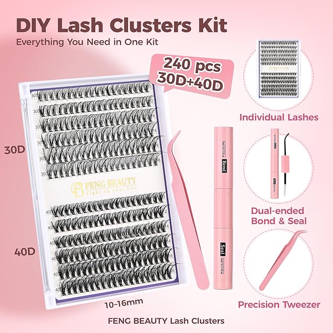 DIY Lash Clusters Kit, 240PCS 30D+40D Mixed Lengths 10–16mm, Natural Wispy Fluffy Look, 2-in-1 Bond&Seal+Precision Tweezer, Lashes Extension Kit (0.07D, 10-16mm, Individual Lashes Kit)