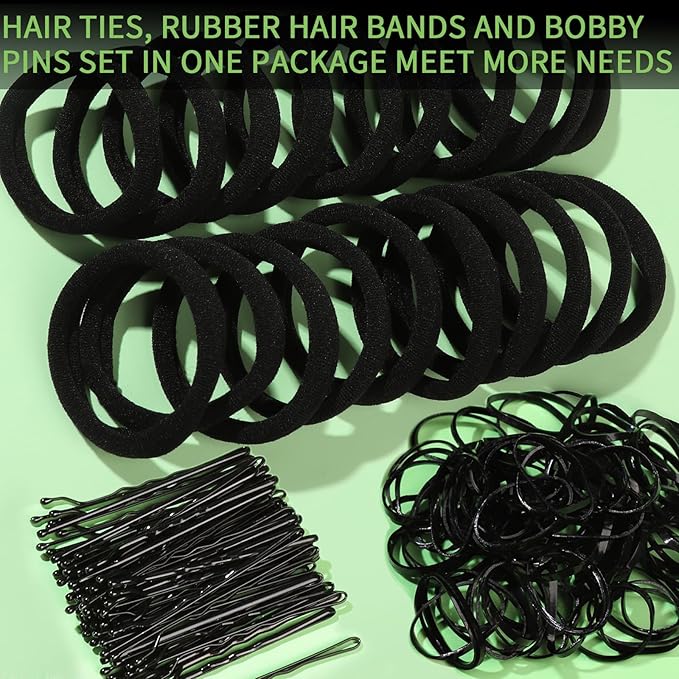 Teenitor 220Pcs Bobby Pins, Hair Ties and Rubber Hair Bands, 100pcs Black Bobby pins for Women 100pcs Hair Elastics 20pcs Seamless Hair Ties, Hair Accessories for Women Black