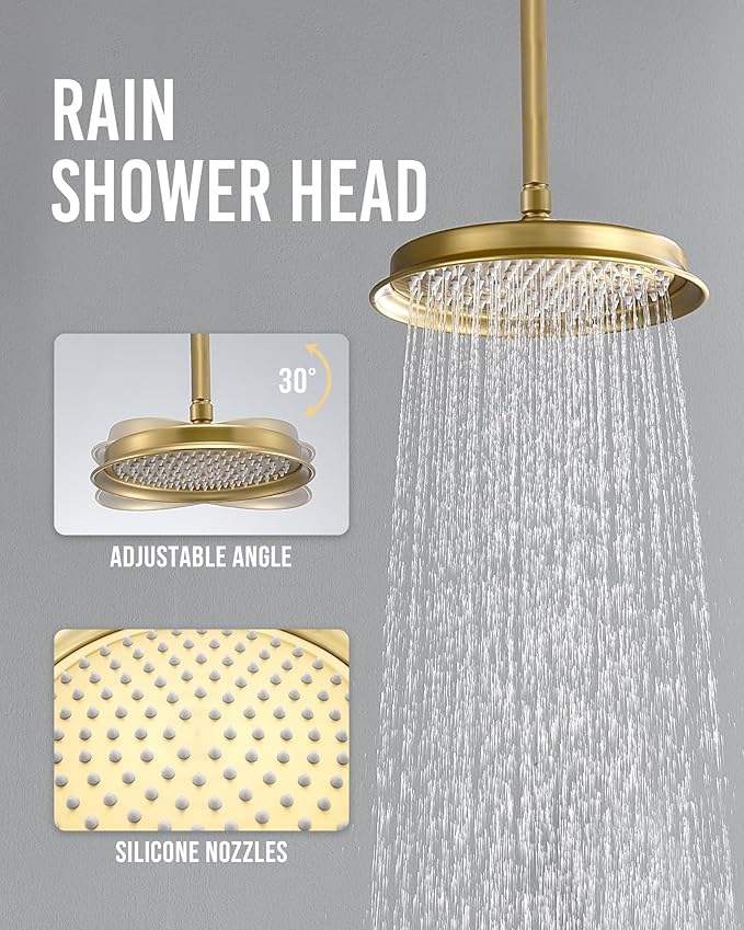 DASAN Antique Dual Shower Head Faucet Set, Brushed Gold Dual Rain Shower Head System Complete Double Head Shower Fixture Combo, 9'' & 6'' Dual Rainfall Overhead Shower with Handheld, Valve & Trim