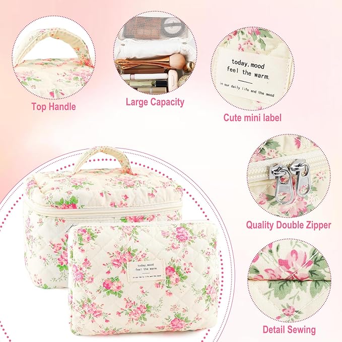 URSKYTOUS 2Pcs Cotton Quilted Makeup Bag for Women Extra Large Small Travel Cosmetic Bag Set Cute Pink Floral Print Makeup Pouch Portable Toiletry Bag Organizer Coquette Vintage Puffy Travel Essential