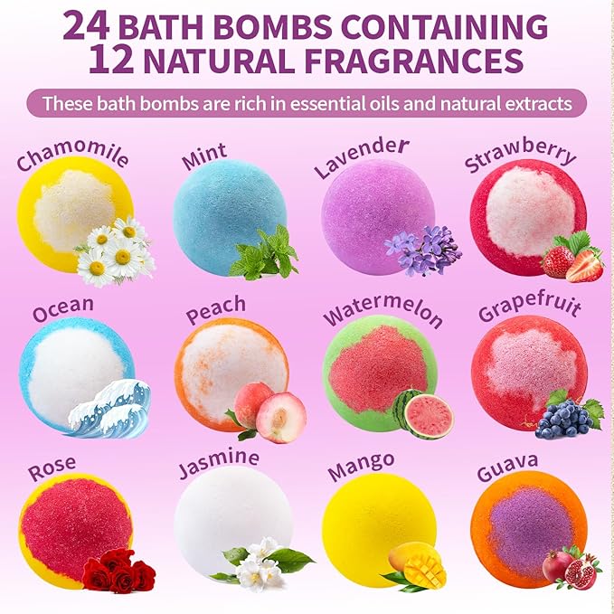 Bath Bombs Birthday Gifts for Women & Men, 24-Pack Valentines Day Gifts for Her & Him Set, Aromatherapy Bubble Bath, Handmade Natural & Organic, Spa Relaxing Gifts for Wife Girlfriend Coworkers