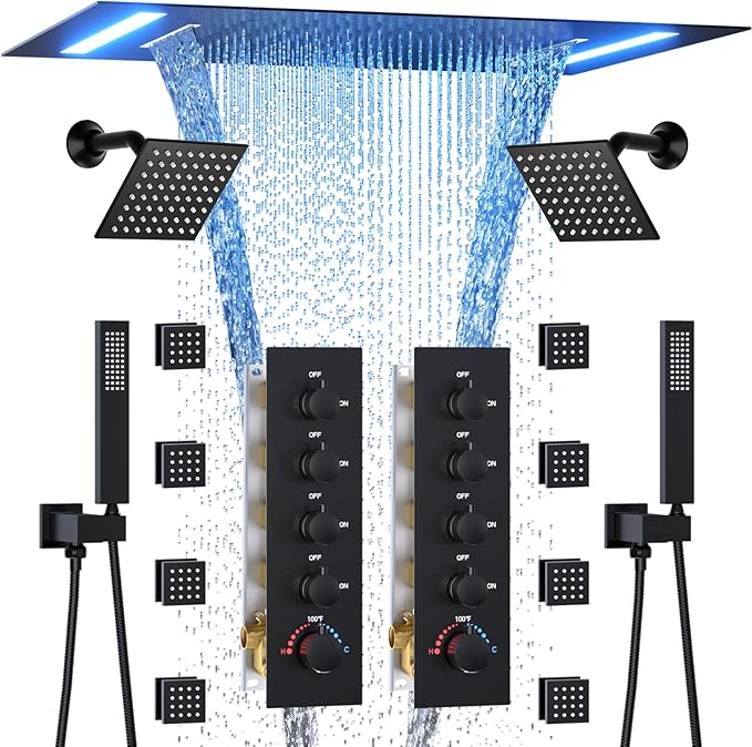 HOMEDEC Luxury Dual Shower System for Couples, LED 14x20" 2-Function and Dual 6" Side Wall Mounted Shower Heads, with 4-Way Diverter Valves, Black