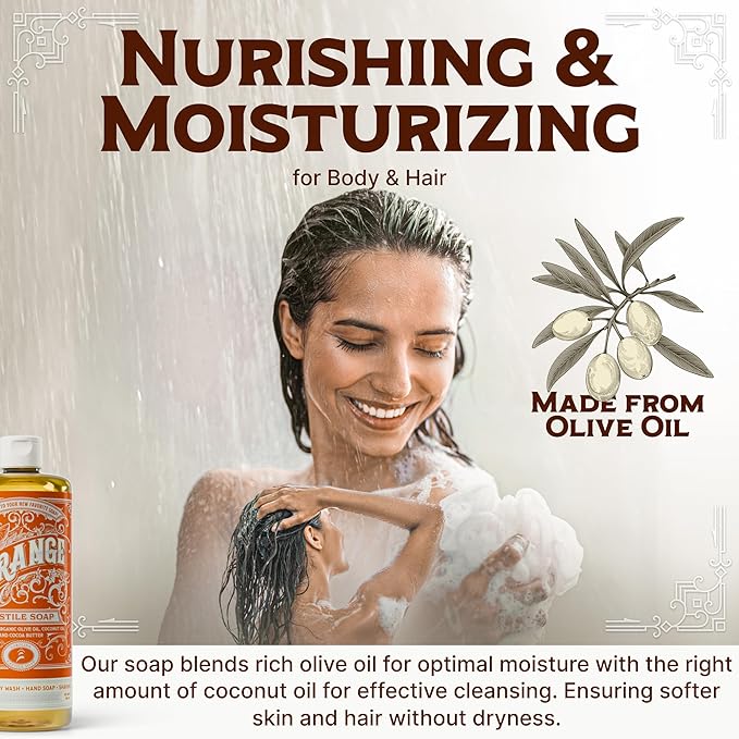 Carolina Castile Soap Orange Scent – Certified Organic Base, High Olive Oil Content, Non-Drying, Made with Organic Oils, Concentrated Natural Body Wash for Men and Women (Orange, 1 Gallon)