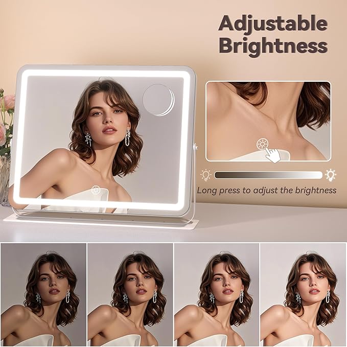 Hasipu Makeup Vanity Mirror with Lights, 20" L x 16" W LED Tabletop Make up Mirror for Desk, Lighting & Brightness Adjustment, 360°Rotation, 10x Magnification