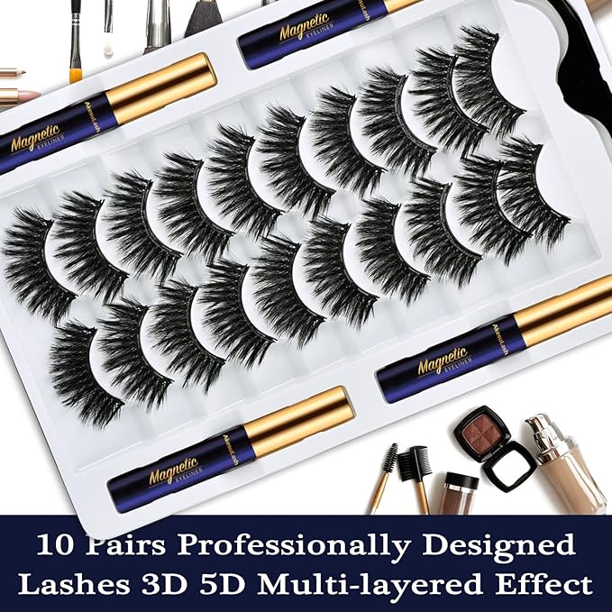 Magnetic Eyelashes Magnetic Lashes Natural Look with Eyeliner,10 Pairs Reusable Full Volume Cat Eye Magnetic Eye Lash kit with Applicator - Upgraded Long Lasting,- Easy Magnetized Eyelashes