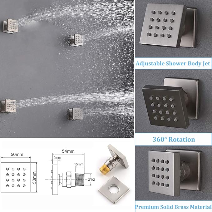 WHSHOWER Digital Display Shower Faucet Set With 12 Inch Rainfall Shower Head,Brass Handheld Sprayer And 6pcs Body Jets,Full Body Shower System (Brushed Nickel)