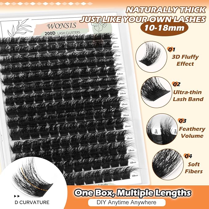 Lash Clusters, Thick 200D Volume Eyelash Clusters 10-18mm, Soft Lightweight Reusable D Curl Individual Lashes, DIY Lash Extensions for Beginners (200D 10-18mm)