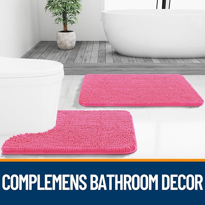 OLANLY Bathroom Rugs 59x24, Extra Soft Absorbent Chenille Bath Rugs, Rubber Backing Quick Dry, Machine Washable Bath Mats for Bathroom Floor, Tub and Shower, Home Decor Accessories, Hot Pink