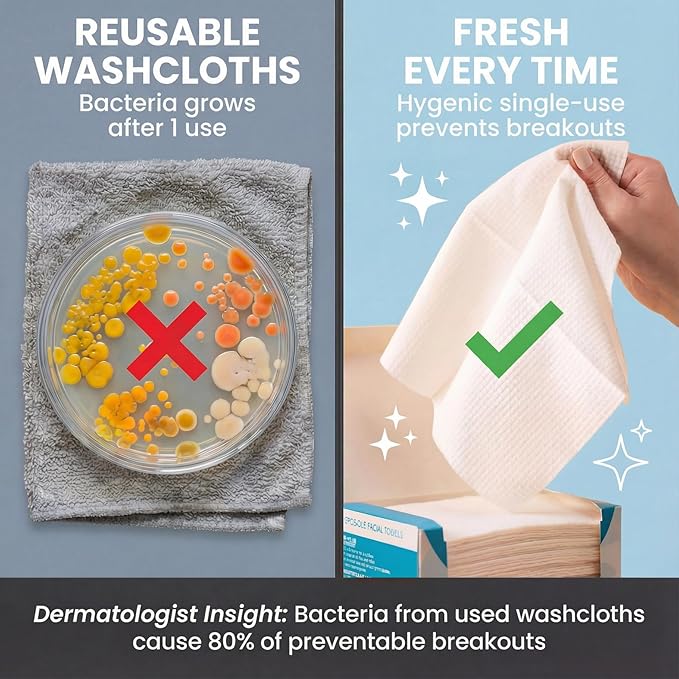 Disposable Face Towels XL 10x12-100% Viscose Eucalyptus Biodegradable Clean Facial Towels, 50 count - Ultra Soft & Lint-Free Towelettes for Acne-Prone & Sensitive Skin, Makeup Remover Dry Wipes