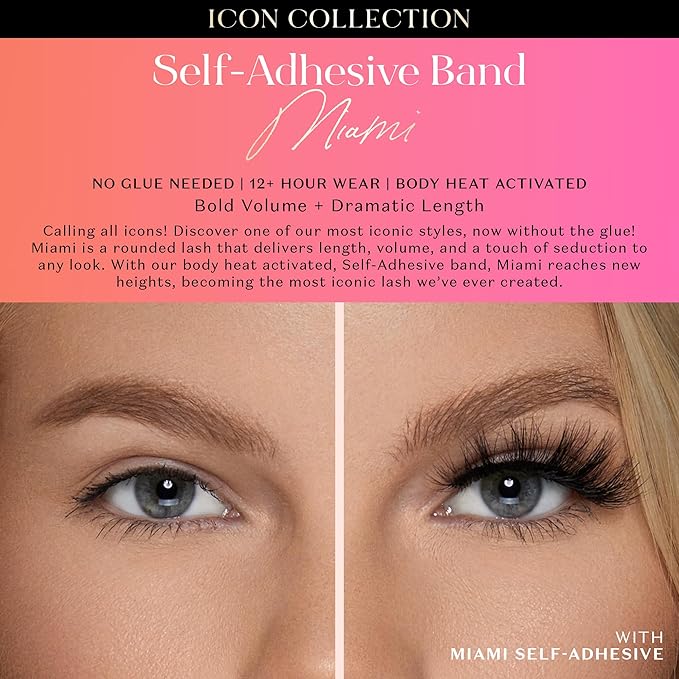 Lilly Lashes Self Adhesive Band 3D Faux Mink Eyelashes, No Lash Glue Needed, Body Heat Activated Press on Lashes, Reusable Self Adhesive Eyelashes Up to 5x, Easy to Apply & Remove (Miami)