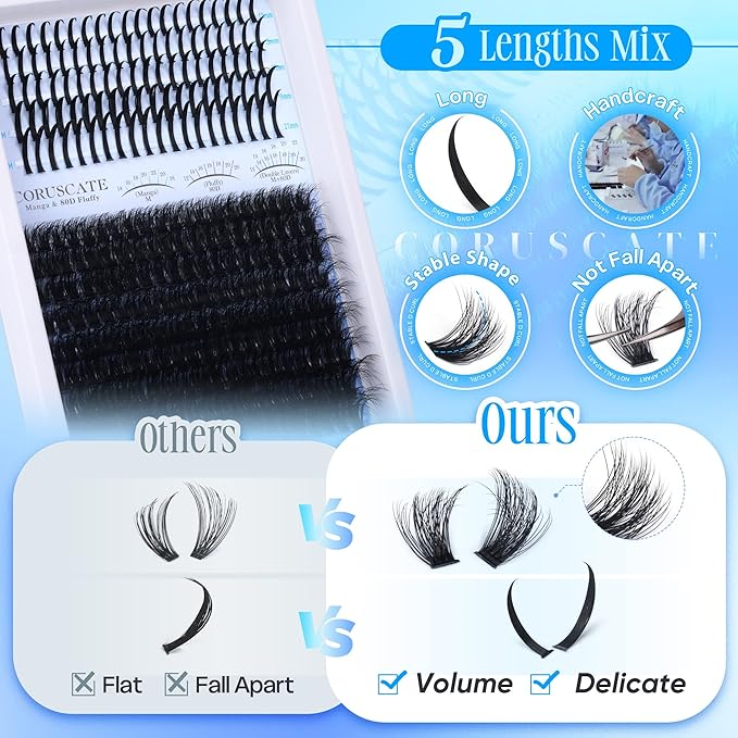 CORUSCATE Lash Clusters 80D Long 12-20mm Lash Spikes, Thick Cluster Eyelash Extensions Volume Individual Lashes DIY Spiky Lash Extension Mega Eyelashes Cluster Mink Strips Lashes