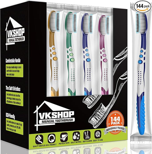 144 Bulk Disposable Toothbrushes, Individually Wrapped Toothbrush, Medium Soft Bristle Tooth Brush Manual Travel Toothbrush Set for Adults Kids