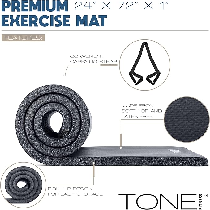 Tone Fitness 1-Inch Thick Yoga Mat | High-Density, Non-slip Exercise Mat with Carrying Strap for Yoga, Pilates, & Home Gym Workouts | Multiple Options