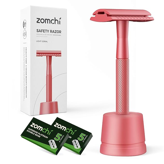 ZOMCHI Double Edge Safety Razor with Stand for Men, Women's Safety Shaving Razor with 10 Double Edge Safety Razor Blades, Single Blade Razor for Shaving –Light Coral