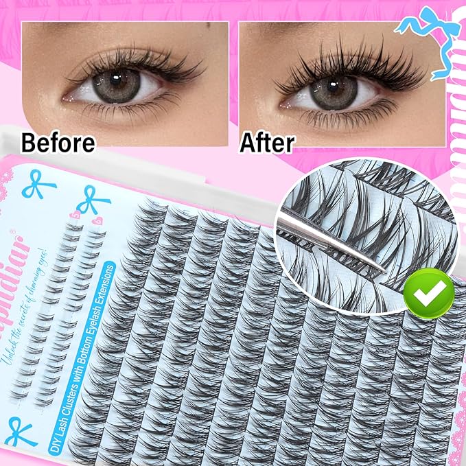 calphdair Natural Lash Clusters with Bottom Lashes DIY Wispy Cluster Eyelash Extensions C-curly Individual Lashes 11-13mm Short Eyelash Clusters Manga Cluster Lashes with Bottom Lash Extension 164pcs
