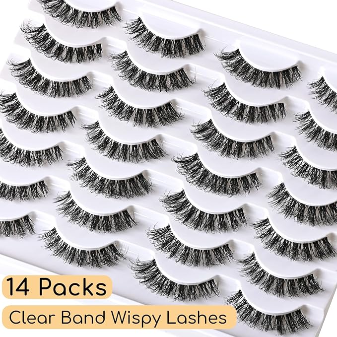 Lashes False Eyelashes Natural Wispy Lash Strips Clear Band Fake Eyelash Pack 14 Pairs Cat Eye Strip Lashes Set Fluffy Mink Eyelashes Natural Look Short Wispies Pestañas Postizas for Women
