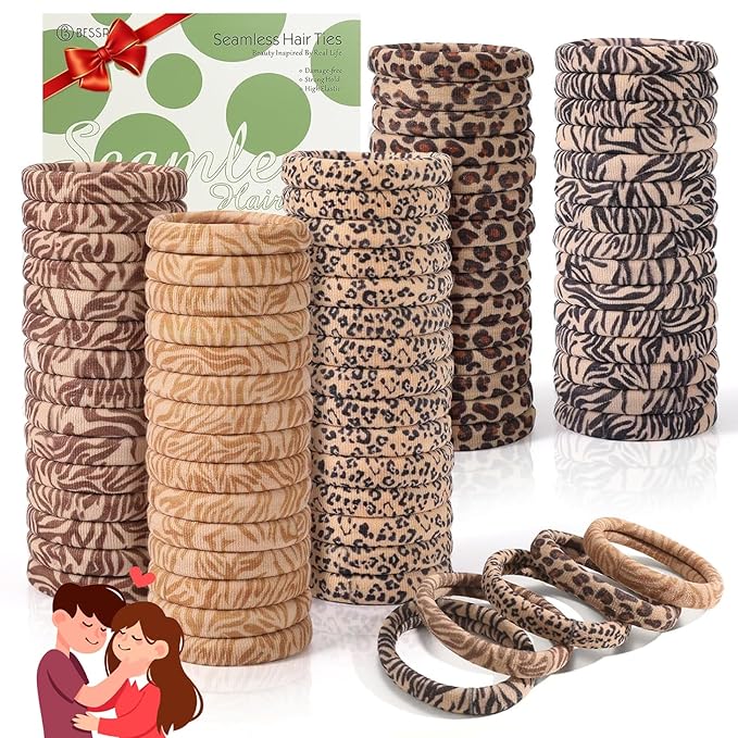 Bessrung 100PCS Seamless Elastic Hair Ties for Women Girls, No Damage Ponytail Holders for Thin Thick Hair, Leopard Animal Print Hair Bands for Women's Hair, Hair Accessories for Valentine's Day Gift