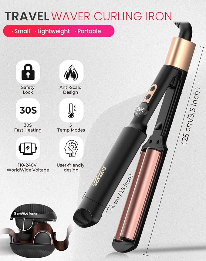 Mini Waver Hair Tool Crimper for Women Short Hair 0.4 inch Travel Double Barrel Small S Waver Ceramic Curling Iron (110-240V) Dual Voltage with 5 Temps, Anti-scalding for Dating, Daily (Black)