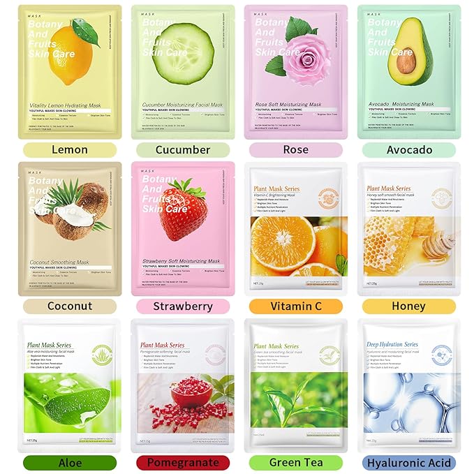 12 Pack Variety Face Masks Skincare for Women Sheet Face Mask for Kids Teens Girls, Hydrating Face Masks, Pamper Gift Bulk Face Mask Set Spa Party Gift for Kids Teens Girls Women, Valentine's Day Gift