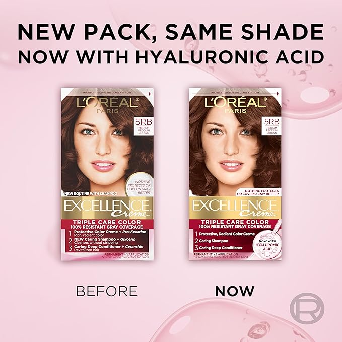 L'Oreal Paris Excellence Crème Permanent Hair Dye, Triple Care Hair Color with Hyaluronic Acid for 100% Gray Coverage, 5RB Medium Reddish Brown, 1 Kit (Packaging May Vary)