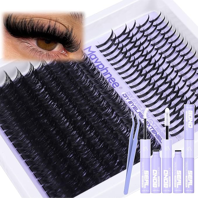 Lash Clusters Kit 100D Eyelash Clusters 12-21MM Long Spiky Cluster Eyelash Extensions Kit Mega Volume Individual Lash Extensions DIY Lash Spikes with Lash Bond and Seal and Tweezers by Mavphnee