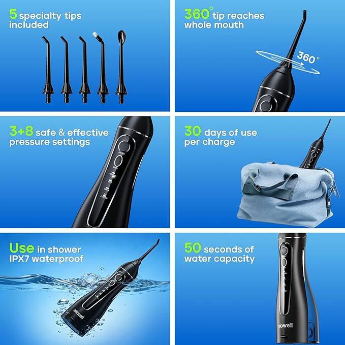 Nicwell Cordless Water Flosser - 4 Modes Rechargeable Oral Irrigator IPX7 Waterproof with 5 Tips for Deep Cleaning