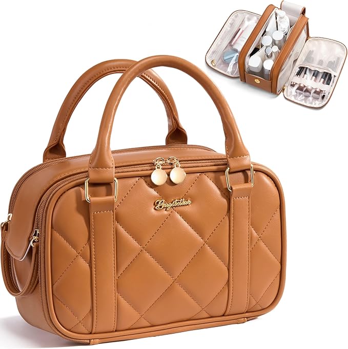 Bagstellar Travel Makeup Bag, Large Capacity Quilted Toiletry Bags for Women, Wide-open Cosmetic Bags Make Up Case Organizer Portable Pouch with Handle & Brush Holder for Traveling Accessories, Brown