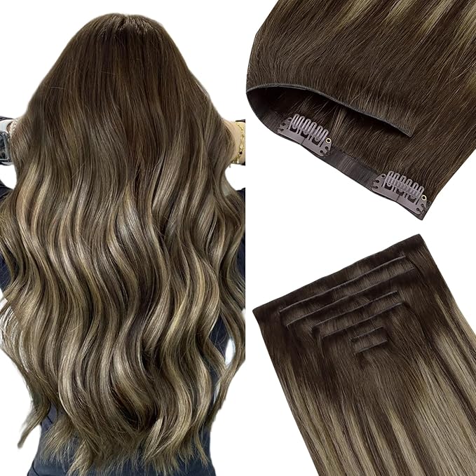 GOO GOO Invisi Edge Clip in Hair Extensions 22inch 140g 7Pcs Injected Seamless PU Clip in Hair Extensions, Virgin Real Human Hair, #4/26/4 Balayage Chocolate Brown to Honey Blonde