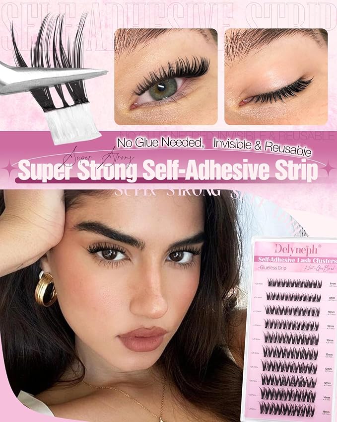 Self Adhesive Eyelashes Wispy Self Adhesive Lash Clusters Natural Clear Band Eyelash Clusters 8-14mm Short Cluster Eyelash Extensions Pre-Glued Cluster Lashes by Delyneph
