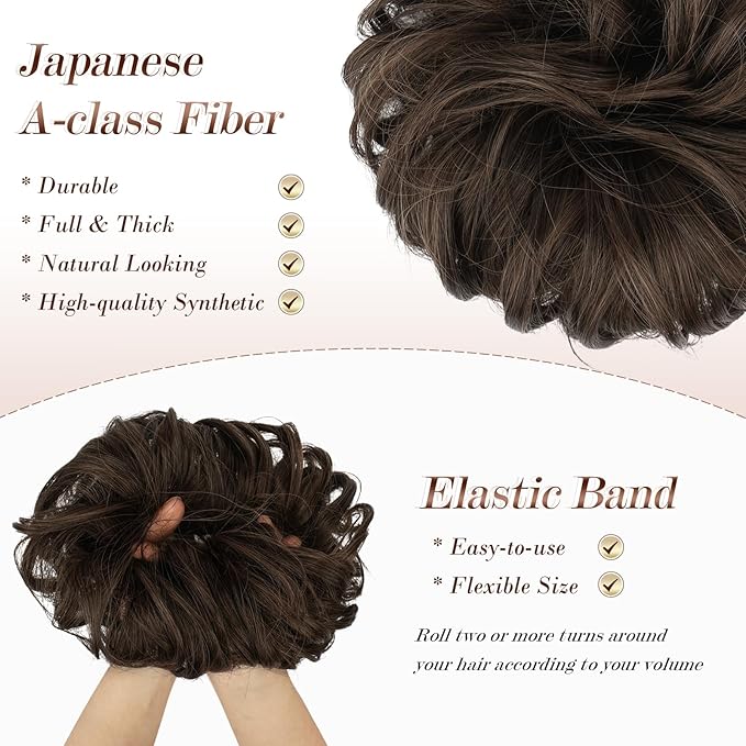 FESHFEN Messy Bun Hair Piece - Wavy Synthetic Chignon Scrunchies for Instant Volume, Elastic Bun Ponytail Hair Extensions Thick Hairpieces for Women, Dark Brown & Light Auburn Mixed 1.50 oz