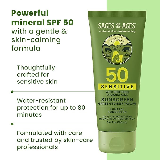 100% Mineral Sunscreen SPF 50 with Non-Nano Zinc Oxide — Reef Safe UVA/UVB Broad Spectrum Sunblock, Water Resistant 80 Min, Moisturizing Tallow Lotion for Face & Body, 3.4 fl oz