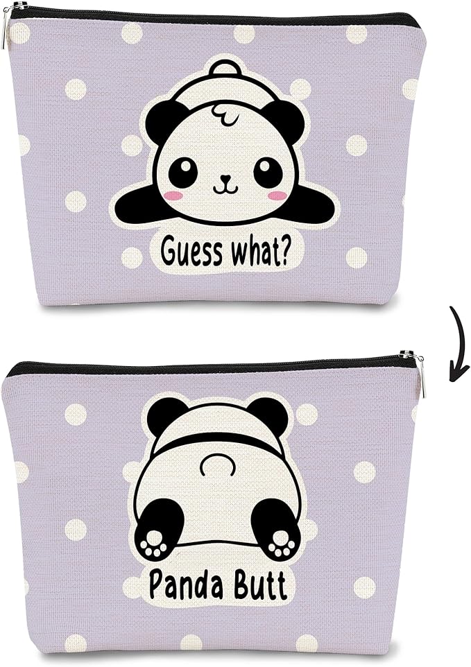 BARPERY Panda Gifts Purple Makeup Bag,Gifts for Panda Lover Wonmen Girls,Cute Baby Panda Guess What It's Pug Butt Cosmetic Bag,Makeup Case for Teen Girls Daughter, Panda Accessories(Purple Dots)