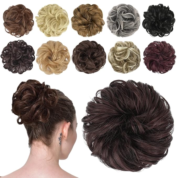 FESHFEN Messy Bun Hair Piece - Wavy Synthetic Chignon Scrunchies for Instant Volume, Elastic Bun Ponytail Hair Extensions Thick Hairpieces for Women, Black Cherry 1.50 oz