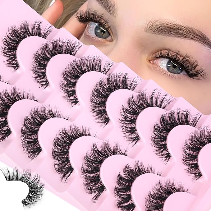 Wispy Lashes False Eyelashes Clear Band Cat Eye Lashes Natural Look 15MM Fake Eyelashes Pack Pestañas Postizas Naturales Wispy D Curvature Lashes, 7 Pairs