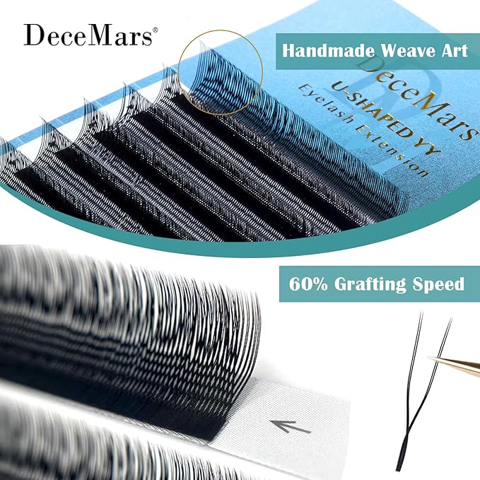 DeceMars 1400 Fans U Shaped YY Eyelash Extensions 2D 4D Premade Natural Soft Handwoven Eye Lashes Y Shape Lash Extensions 12 Rows Volume Crisscross Eyelashes Black Mesh Wispy Clusters (UU-0.05-L-9mm)