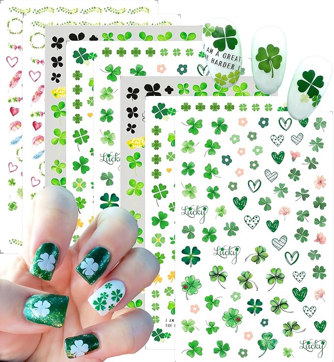 8 Sheets St. Patrick's Day Nail Art Stickers Green Shamrock 3D Self-Adhesive Nail Decals Four Leaf Clover Nail Supplies Lucky of Irish Spring Summer Lucky Leaf Nail Decor for Women Manicure DIY