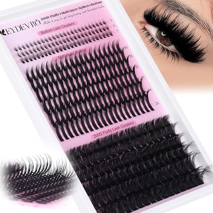 EYDEVRO Volume Lash Clusters with Spikes Eyelash Clusters with Bottom Lashes Look Like Lash Extensions 12-22mm Fluffy 200D Cluster Lashes 16-26mm Spikes Individual Lashes 5-6mm Bottom Lash Clusters