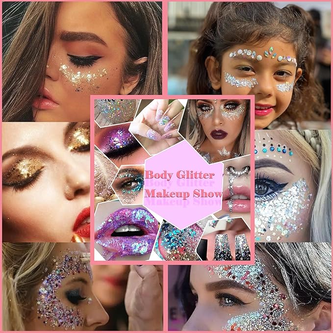 Body Glitter Face Glitter Gel: Singer Concerts Disco Festival Rave Accessories Face Glitter Makeup Chunky Sequins Mermaid Face Body Hair Glitter Gel (White&Silver&Gold)