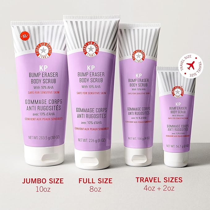 First Aid Beauty - KP Bump Eraser Body Scrub with 10% AHA, Keratosis Pilaris Skin Exfoliater with Glycolic and Lactic acids, Helps Reduce Chicken Skin Bumps, Safe for Sensitive Skin, 8 oz + Bonus, 2ct