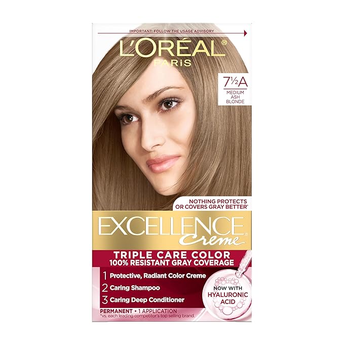 L'Oreal Paris Excellence Crème Permanent Hair Dye, Triple Care Hair Color with Hyaluronic Acid for 100% Gray Coverage, 7.5A Medium Ash Blonde, 1 Kit (Packaging May Vary)