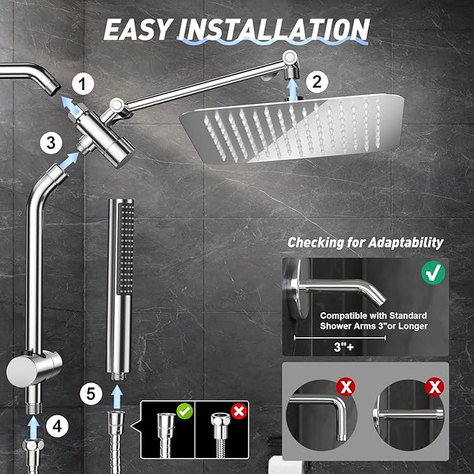 Veken 10'' All Metal Rain Shower Head with Handheld Spray Combo, Hand Held Bathroom Showerhead Combo with Extension Arm, Dual shower with Power Wash, Adjustable Rainfall Shower Head, Chrome