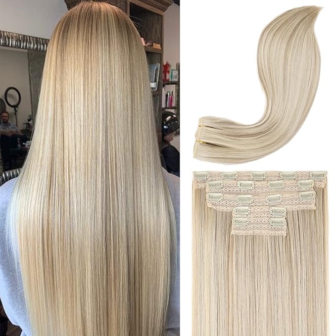 REECHO Clip in Hair Extensions, Hair Extensions Thick Long Lace Weft Lightweight Synthetic Hairpieces for Women (24 Inch-240 Gram(Pack of 5), Dark Ash Blonde)