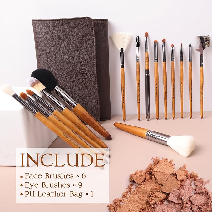 Vidany Makeup Brush Set,15pcs Walnut Wooden Makeup Brushes With Leather Button Bag, Professional Makeup Brushes For Foundation Concealer Kabuki Blush Eyeliner Shadow Brow, Makeup Brush Sets & Kits