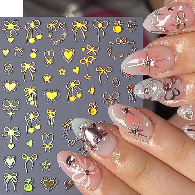 6 Sheets Heart Bow Tie Nail Art Stickers Decals 3D Self-Adhesive Bow Cherry Pegatinas Uñas Gold Pink Laser Hollow Heart Nail Supplies Y2K Star Heart Nail Art Design Decoration Accessories for Women