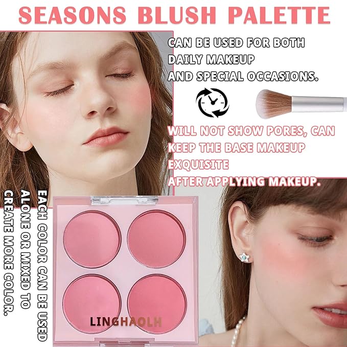 4 Colors Blush Palette for Cheeks,Face Matte Contour Blush Makeup Palette,Buildable Shimmer Facial Cheek Blusher Shades,Blendable Cosmetic Makeup Blush with Blush Brush 01