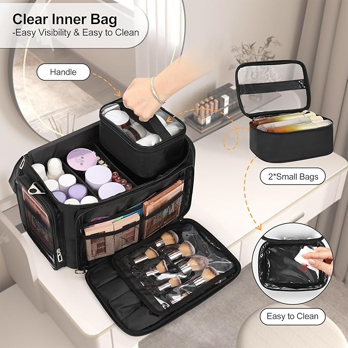 TANTO Large Makeup Bag, Makeup Artist Bag Professional Cosmetic Bags with 2 Pouches & Detachable Dividers Travel Makeup Train Case Portable Makeup Brush Bag Organizer Storage with Shoulder Strap