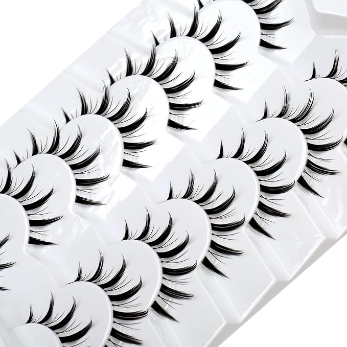Pooplunch Manga False Eyelashes Spiky Natural Anime Lashes Doll Eye 8D Wispy Volume Sexy Faux Mink Fake Eyelash Strips 7 Pairs Multipack
