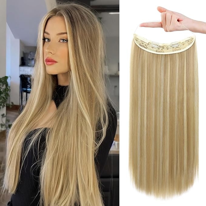 REECHO Invisible Wire Hair Extensions with Transparent Headband Adjustable Size Removable Secure Clips in Straight Secret Hairpiece for Women - 16 Inch, Dark Blonde with Highlights