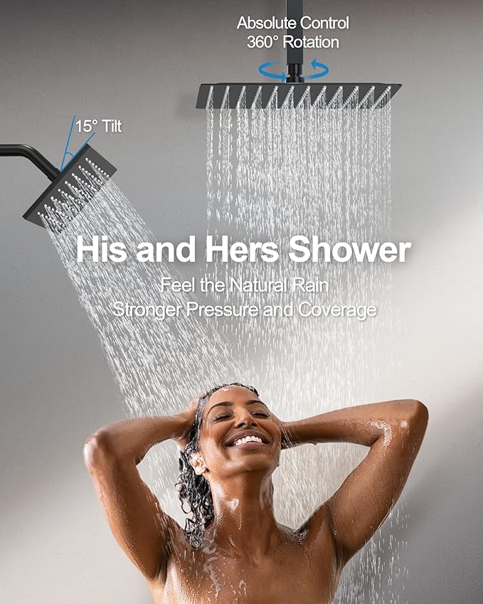 GRANDJOY Thermostatic Shower System, Dual Rainfall Shower Heads for Ceilling & Wall Mounted with Handheld Sprayer, Matte Black