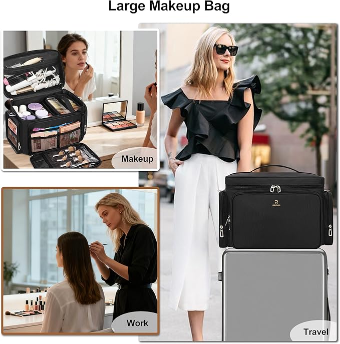 TANTO Large Makeup Bag, Makeup Artist Bag Professional Cosmetic Bags with 2 Pouches & Detachable Dividers Travel Makeup Train Case Portable Makeup Brush Bag Organizer Storage with Shoulder Strap